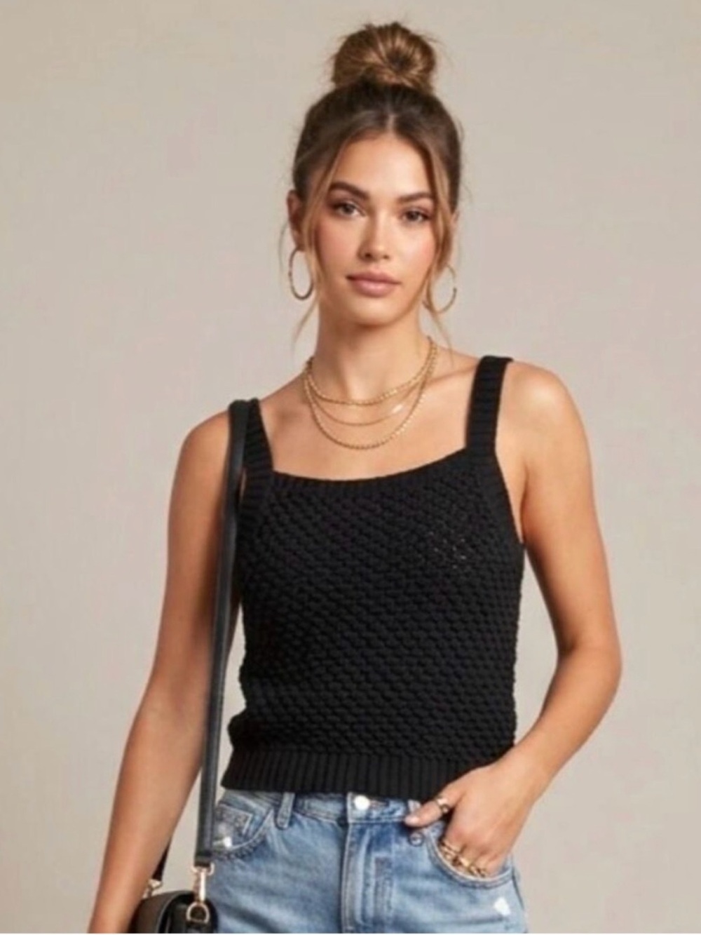 J. Crew Black Basket Stitch Knit Square-Neck Tank